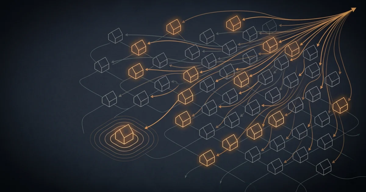 Network mesh of 60+ minimal household silhouettes scattered across a dark background, with thin amber arrows from each home converging on a single off-canvas point